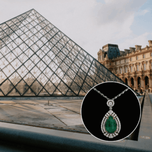 The Louvre Pyramid with an inset of an emerald diamond necklace.